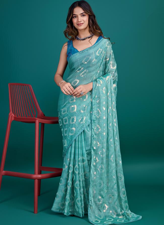 Glass Zari Sky Blue Party Wear Sequins Work Saree